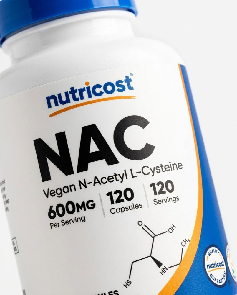 Etiqueta del frasco Nutricost NAC 600 mg: 120 cápsulas, 120 porciones