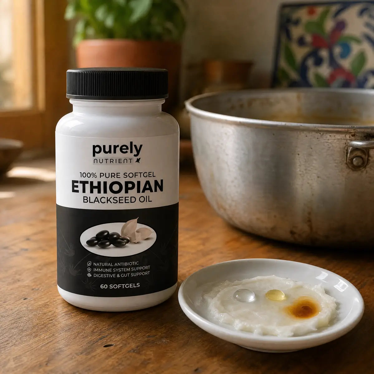 Frasco de Purely Nutrient junto a la olla con grasa y las tres gotas sobre manteca