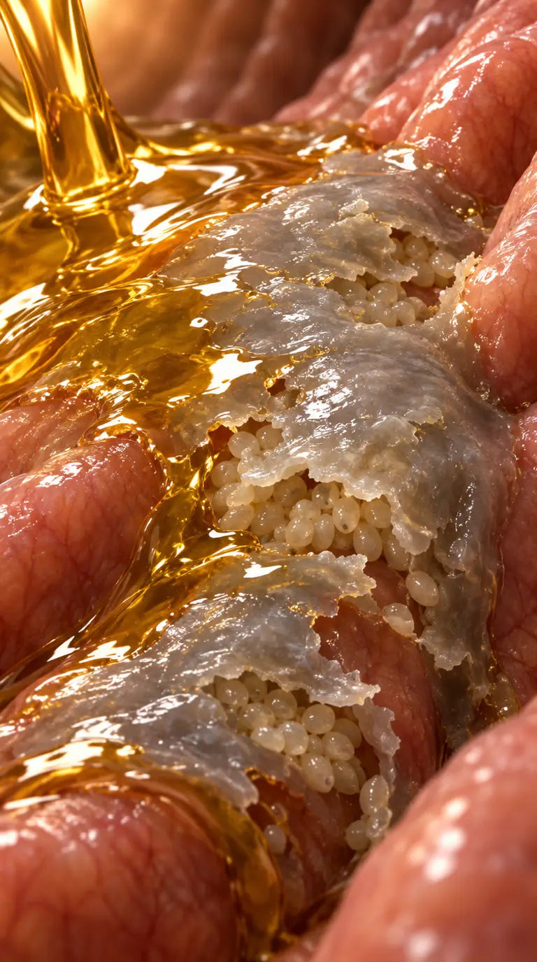 El aceite dorado se mete en la capa de grasa y la deshace