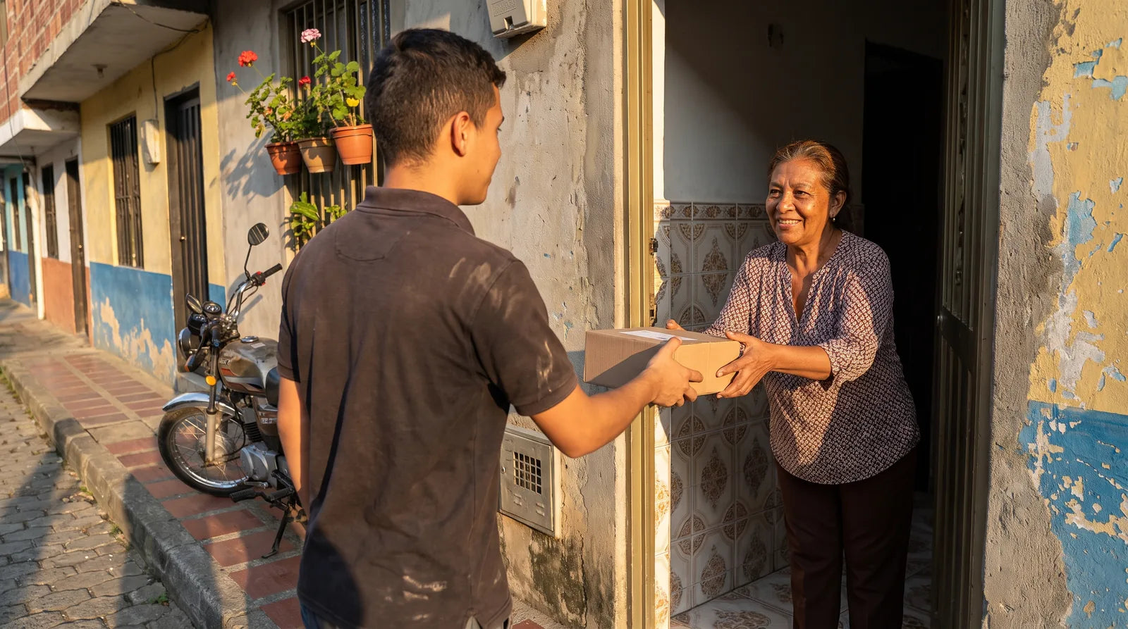 Mensajero entregando el pedido en la puerta de la casa