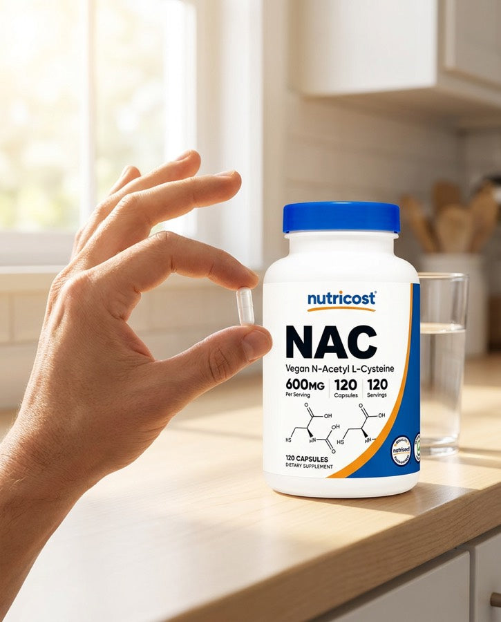 Una cápsula de NAC 600 mg junto al frasco Nutricost y un vaso de agua