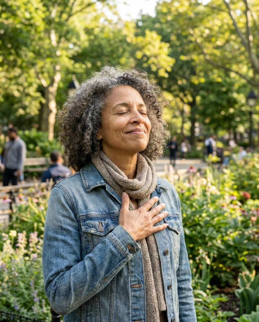 Mujer adulta respirando profundo al aire libre, sin congestión