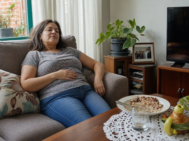 Mujer cansada en el sofá después del almuerzo, con la mano en el estómago