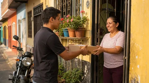 Mensajero entregando un pedido en la puerta de una casa colombiana