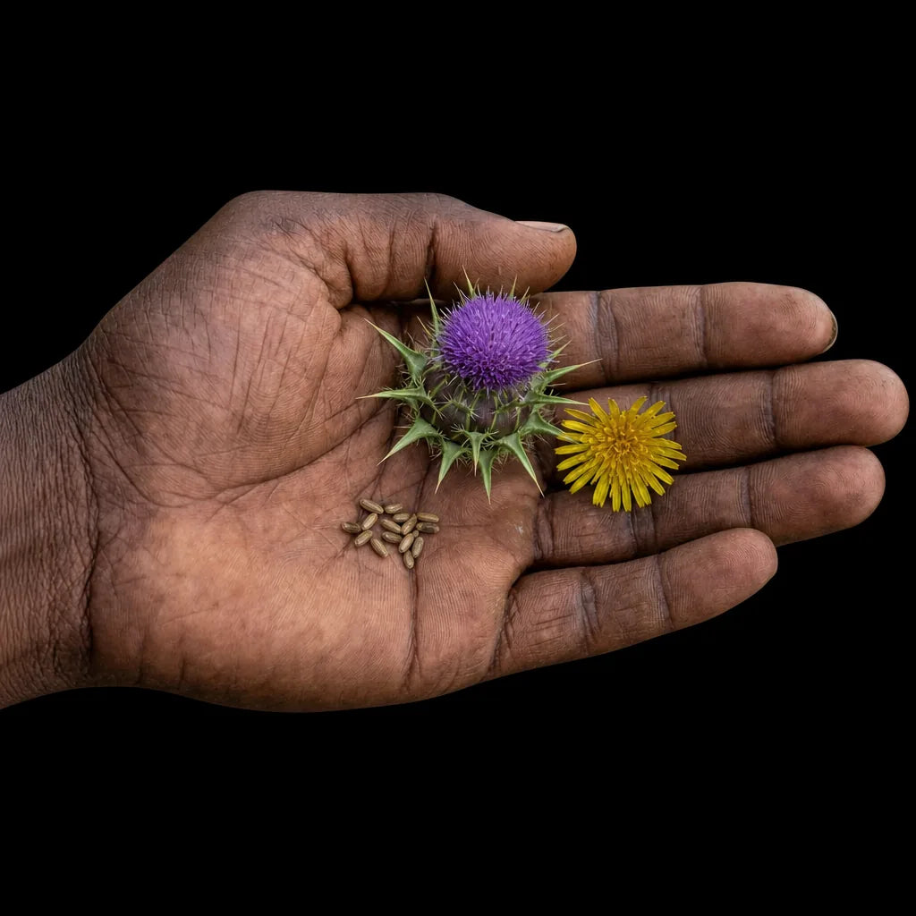Flor morada de cardo mariano y flor amarilla de diente de león