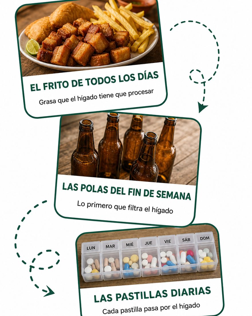 Collage: frito, polas, gaseosa, pastillas y trasnocho